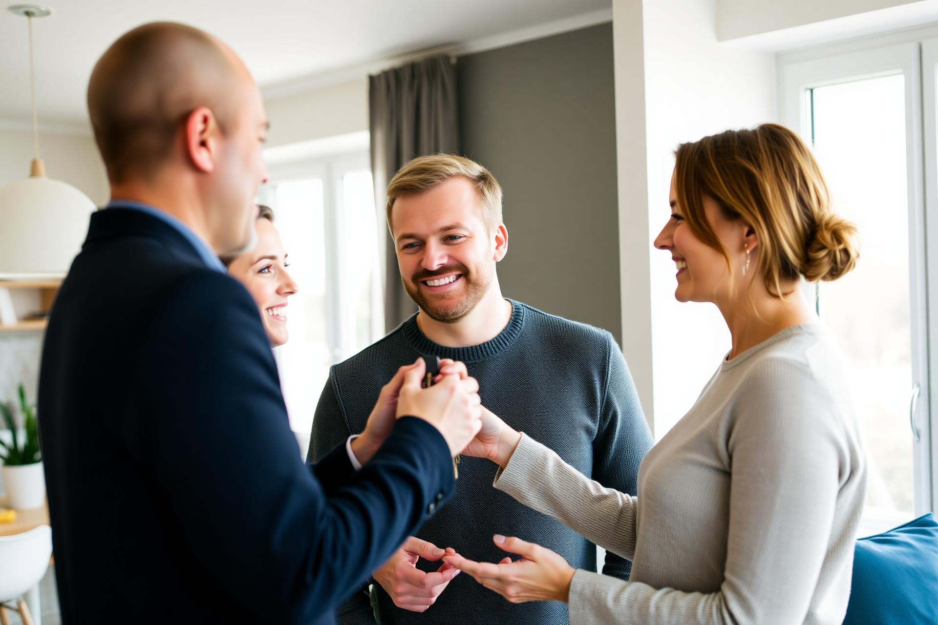 Nöjt par som får hjälp av en fastighetsmäklare i sitt hem